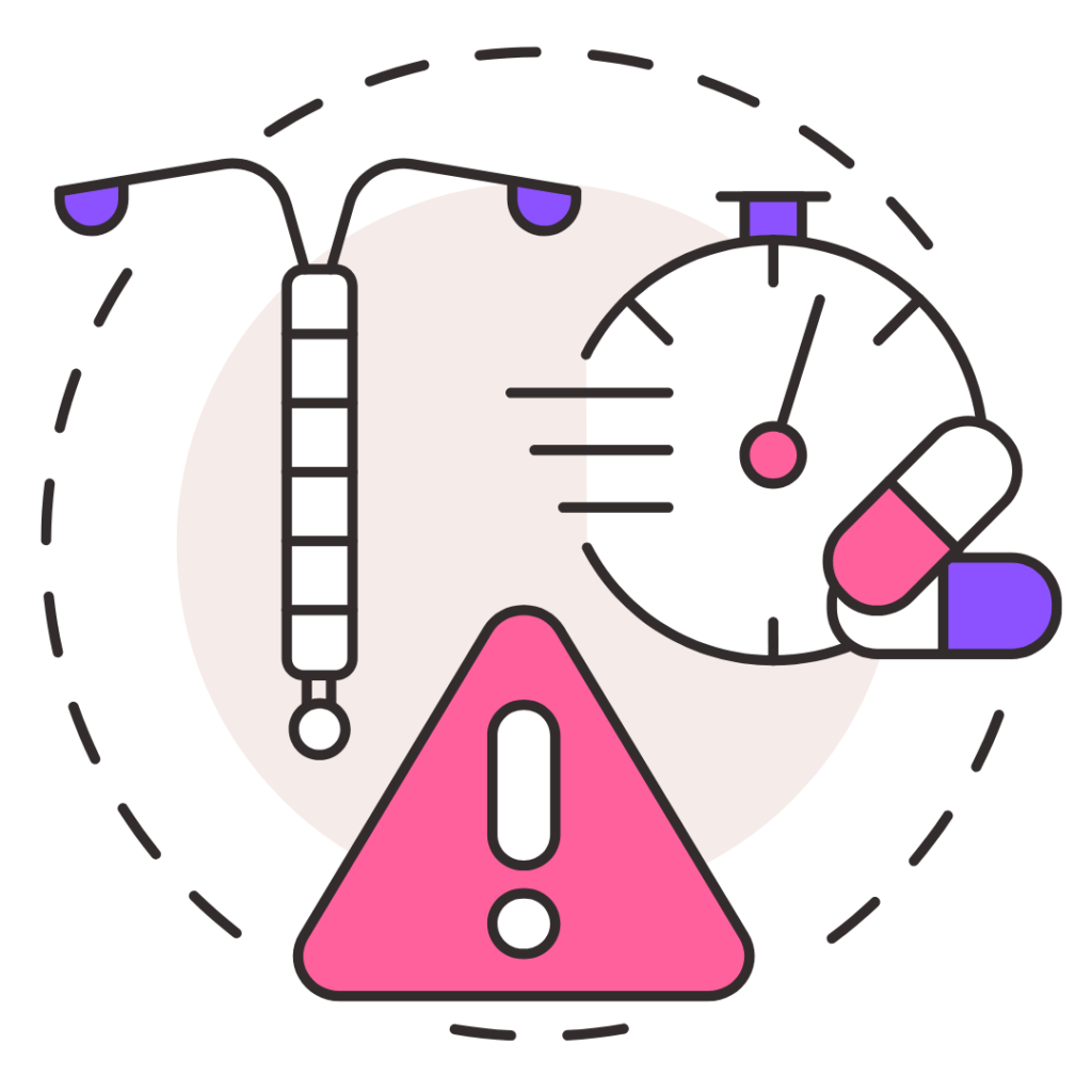 Ilustração apresentando um DIU de Cobre e comprimidos de antibiótico com um sinal de atenção